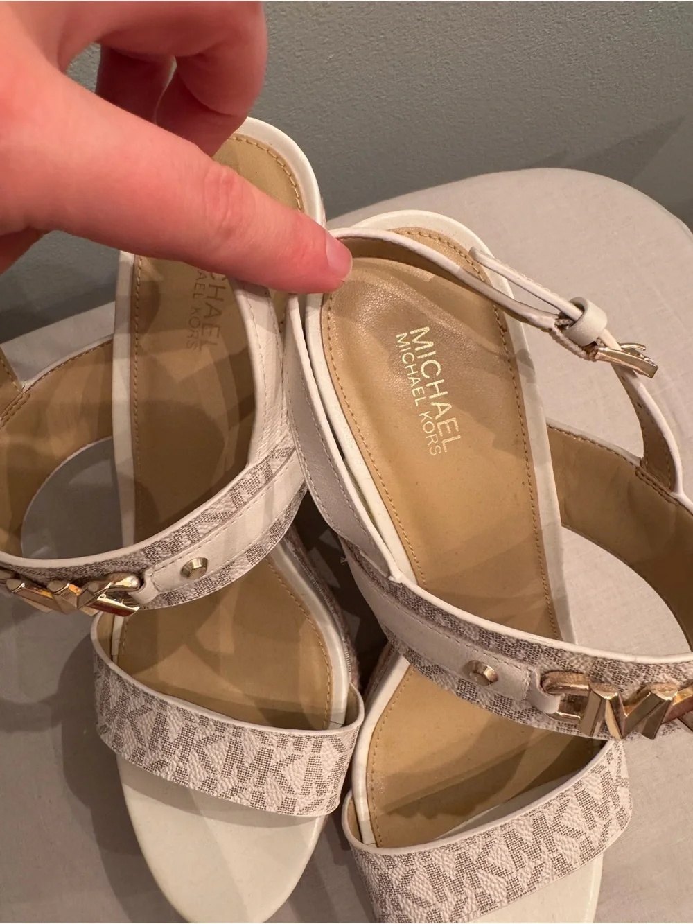 Michael Kors Beige and White Logo Espadrille Wedge Sandals